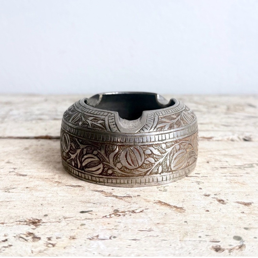 Vintage Etched Brass Floral Ashtray Silver Tone Boho Tobacco Accessory